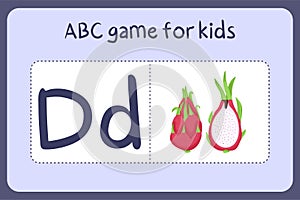 Kid alphabet mini games in cartoon style with letter D - dragon fruit.