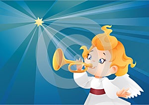 Kid angel musician flying on a night sky, making fanfare call photo