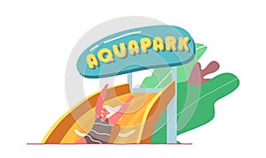 Kid Aquapark Entertainment, Amusement Aqua Park with Water Attractions, Girl Riding Slide in Swimming Pool