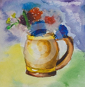 Kid aquarelle drawing of a colorful bouquet
