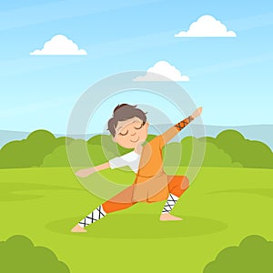 Kid Asian Martial Art Fighter, Cute Boy Athlete Practicing Wushu Technique Outdoors Cartoon Vector Illustration