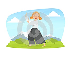 Kid Asian Martial Art Fighter, Girl Athlete Practicing Aikido Technique Outdoors Cartoon Vector Illustration