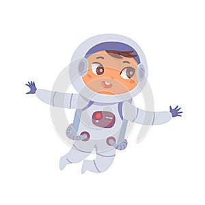 Kid astronaut flying in zero gravity vector illustration. Cartoon cute child spaceman character in weightlessness