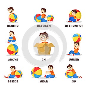 Kid and ball set. Learning preposition concept. Boy above