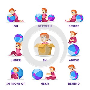 Kid and ball set. Learning preposition concept. Little girl