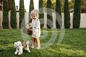 Kid with basket play with funny dog in the garden