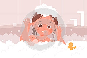 Kid bathing in bathroom, happy childhood, girl child playing with cute rubber duck toy