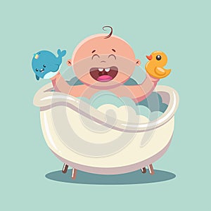 Kid in bathtub with soap bubbles, foam, rubber duck and unicorn whale vector cartoon illustration