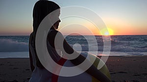 Kid on Beach, Child Playing with Beach Ball on Seashore at Sunset, Little Girl on Coastline Watching Sea Waves in Summer Vacation