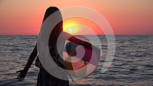 Kid on Beach, Child Playing on Seashore at Sunset, Girl on Coastline Waves