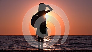 Kid on Beach, Child Playing on Seashore at Sunset, Little Girl on Coastline Watching Sea Waves