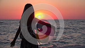 Kid on Beach, Child Playing on Seashore at Sunset, Little Girl on Coastline Watching Sea Waves in Summer Vacation