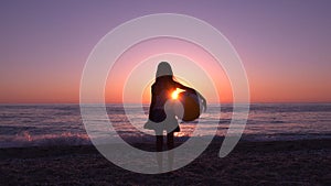 Kid on Beach Seashore at Sunset, Child Playing on Coastline, Teenager Girl Watching Sea Waves at Seaside, Exotic Ocean Seascape