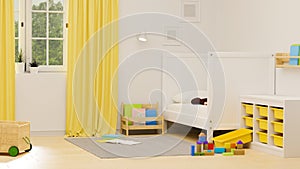 Kid bedroom interior design with bed, bookshelf, playthings, cabinets and carpet, 3D rendering