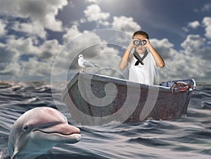 Kid with binoculars in rowboat