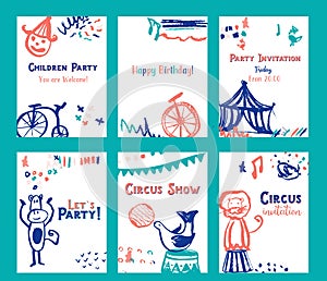 Kid birthday invitation card design set with circus elements vector illustration
