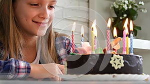 Kid Birthday Party, Child Blowing Candles, Blonde Girl with Cake as Gift for Anniversary, Happy Family, Children Celebration