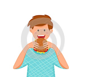 Kid biting burger fast food vector illustration. Colorful cartoon style concept