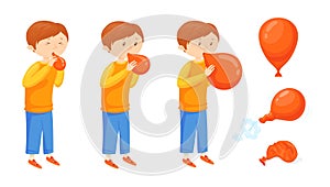 Kid blowing balloon. Cartoon child boy inflate balloons, children blow up air ball toy for birthday party or festival