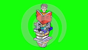 Kid with book sitting on a giant stack of books comic cartoon looped animation isolated on green screen