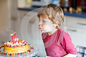 Kid boy celebrating his birthday and blowing candles on cake