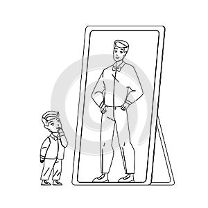 Kid Boy Dreaming For Be Adult Man In Mirror Vector