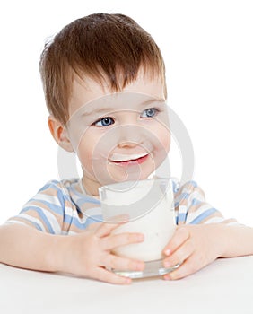 Kid boy drinking milk or yogurt