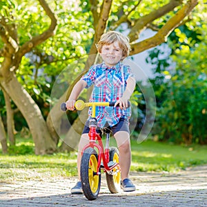 Kid boy driving tricycle or bicycle in garden