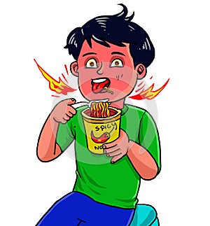 Kid boy eat spicy noodle