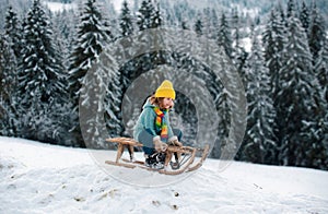Kid boy enjoy a sleigh ride. Kid sledding in winter snow outdoor. Christmas family vacation. Child boy ride on a wooden