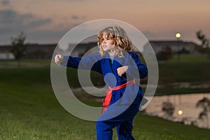 Kid boy exercising karate kataoutdoor. Sport karate kids. Little boy wearing kimono doing karate in park. Sport child