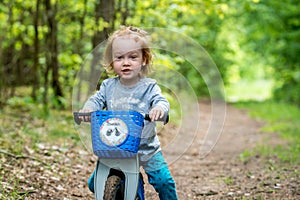 kid boy in forest with balance bike
