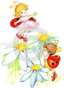 Kid boy and girl playing. Watercolor illustration.