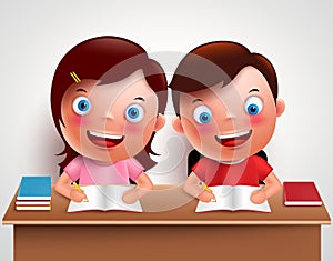 Kid boy and girl vector characters studying together doing homework