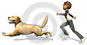 Kid boy and his dog running