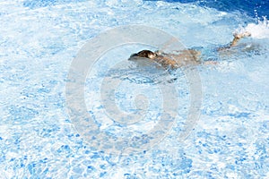 Kid boy holding breath underwater in sunny swimming pool. learning to swim