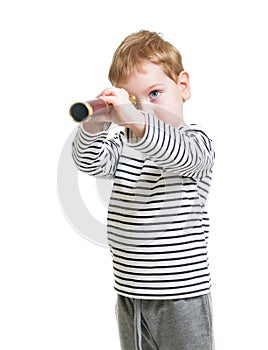 Kid boy looking ahead with telescope isolated