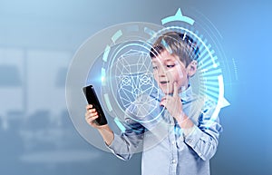 Kid boy with phone and biometric scanning digital hologram hud