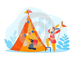 Kid boy play at with cartoon tent in child room, vector illustration. Childhood in indoor home design, cute baby