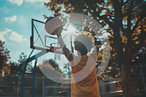 kid boy playing basketball alone on an outdoor court, active childhood concept, summer activity