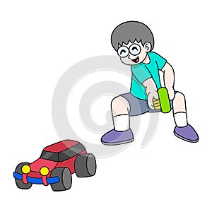 Kid boy is playing a fun remote control car