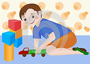 Kid boy playing with toy truck