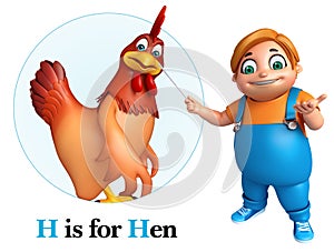 Kid boy pointing Hen