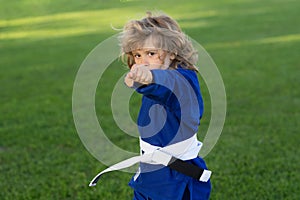 Kid boy practicing karate outdoor. Sport karate kids. Little boy wearing kimono doing karate in park. Child with