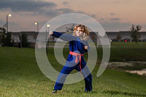 Kid boy practicing martial arts outdoor. Sport karate kids. Little boy wearing kimono doing karate in park. Child