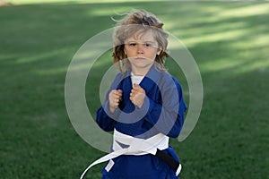 Kid boy practicing martial arts outdoor. Sport karate kids. Little boy wearing kimono doing karate in park. Child