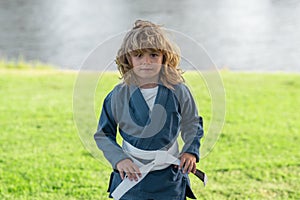 Kid boy practicing martial arts. Sport karate kids. Little boy in kimono doing karate in park. Child training martial