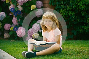 Kid boy reading a book lying on grass. Cute little child in casual clothes reading a book and smiling while lying on