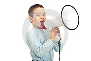 Kid boy shouting megaphone