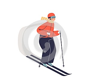 Kid boy skiing. Small child riding ski downhill enjoy winter holidays and outdoor activities